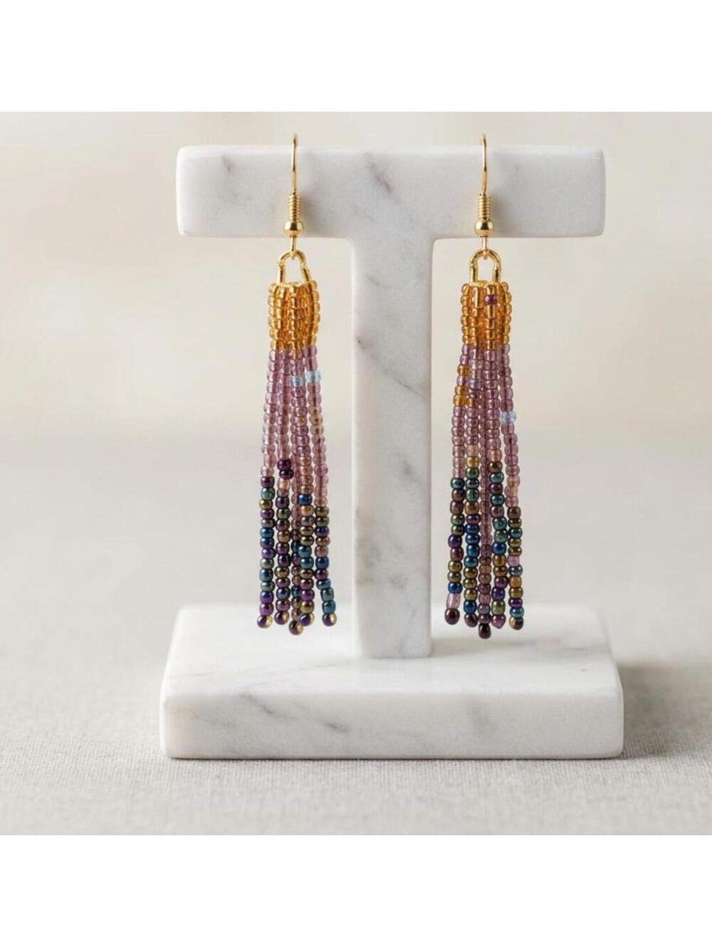 Beaded Handwoven Ombre Tassel Earrings (Violet) fringe